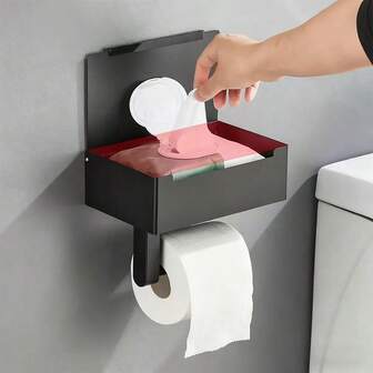 Stainless Steel Black Wall Mounted Toilet Paper Holder With Storage Box, Space Saving Bathroom Organizer Suitable For Wet Wipes, Mobile Phones, And Rollers, Modern Minimalist Design