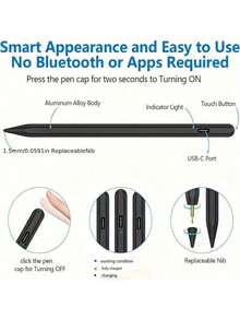 Lápiz táctil 2 en 1, usado para dibujar y escribir, compatible con pantallas táctiles capacitivas, carga USB con tubo de metal, colores opcionales blanco, negro, rosa, degradado - perfecto para dispositivos Android e iPad Air, bolígrafos para tabletas, teléfonos inteligentes - Negro - Ver 4