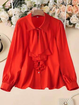 女士纯色荷叶边下摆优雅休闲衬衫