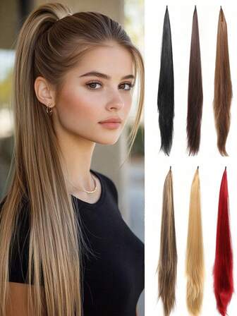 Peluca de cola de caballo sintética recta con elástico envolvente, cola de caballo falsa de múltiples capas, extensión de cola de caballo recta adecuada para uso diario de mujeres