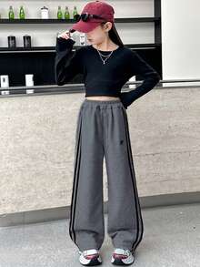 少女休闲百搭撞色条纹阔腿裤