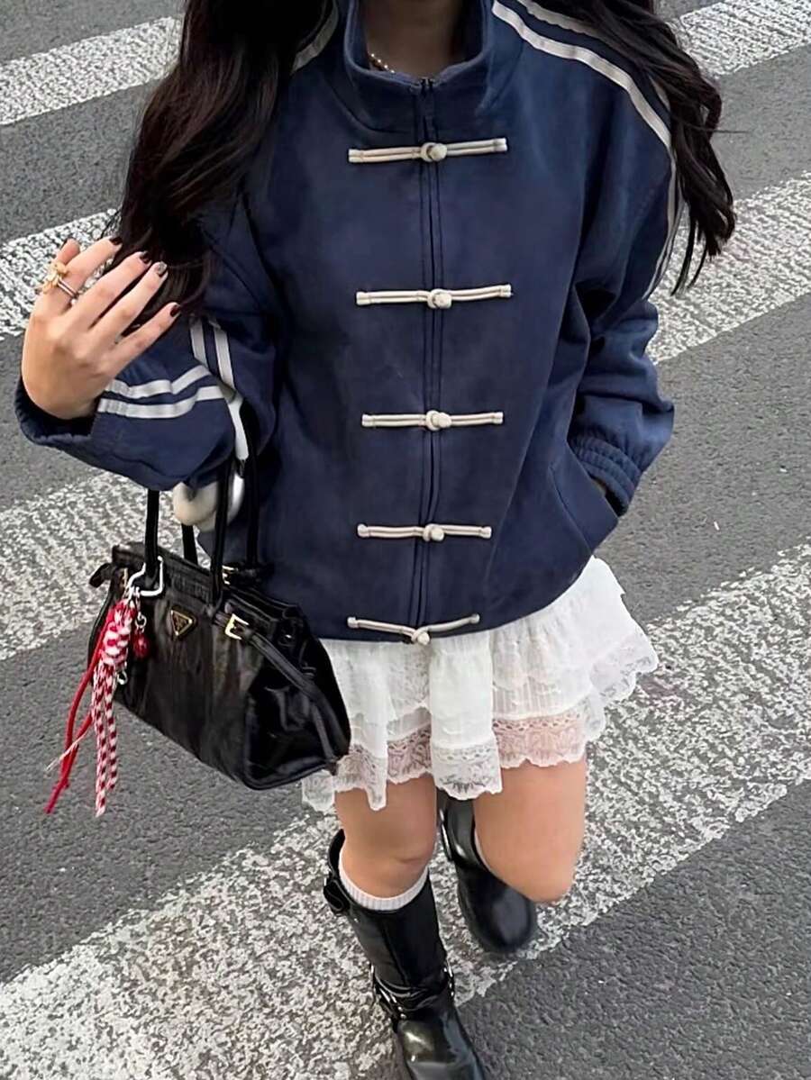 女士休闲藏蓝色针织开衫，长袖，开襟，纽扣闭合，侧边条纹，常规长度休闲外套 - 藍色 - 查看 1