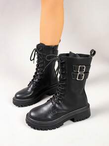 2025冬季新款舒适时尚女士踝靴，圆头方跟设计，修身显腿型，双扣系带，侧拉链，轻便防滑 - 黑色 - 查看 5