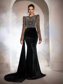 Rochie de seară luxoasă din catifea cu ornamente cu mărgele, rochie elegantă de doamnă, mânecă lungă, toamnă/iarnă, nou-venită, nuntă, petrecere de primăvară - Alb-negru - Vizualizare 3