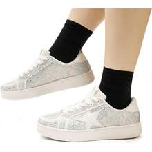 Niluber Star Sneakers For Women Low Top Cushioned White Gold Sliver Leopard Platform Sneakers Lace Up Red Glitter Platform Party ShoesChristmas - Đá Rhinestone Trắng - Xem 4