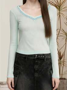 Women's Fall Ribbed Knit Tops Slim Fit Stylish Lace Trim V Neck Long Sleeve T-Shirt - Blue - View 1