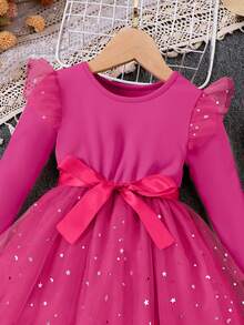 Girls' Star Mesh Patchwork Princess Dress With Flutter Sleeves , Spring/Autumn - Hot Pink - View 3
