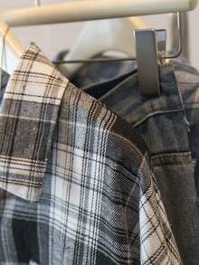 一件格子梭织面料前扣口袋长袖翻领衬衫，优雅休闲百搭，适合日常、上学、四季穿着，黑色春季款 - 黑色 - 查看 6