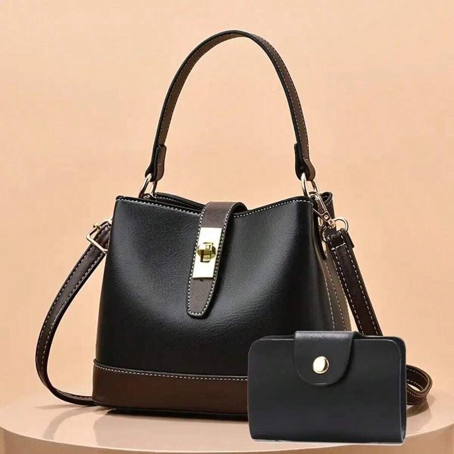 2026新款大容量时尚百搭女士水桶包套装，简约时尚单肩斜挎包，休闲优雅手提包 - 黑色 - 查看 1