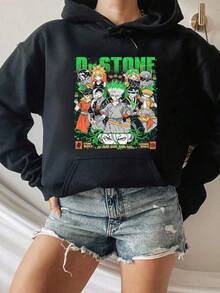 Camiseta preta com estampa de personagens de anime, gola redonda, manga curta e capuz. Moletom unissex com estampas. - Preto - Ver 7