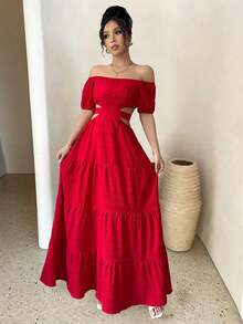 Women's Dresses, Printed Maxi Dress With Off-The-Shoulder And Waist Detail, Retro Resort-Style Dress With A Fitted Waist, Boho-Style Maxi Dress That Slims The Silhouette. - Red - View 12
