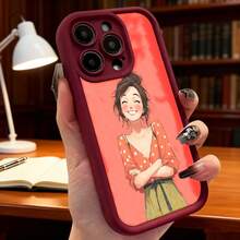 Cubierta de teléfono con diseño de dibujos animados mujer sonriente roja con estampado de lunares para uso diario en casa biblioteca Aplicable a teléfonos Apple y Galaxy. - Burdeos - Ver 2