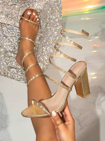 Women's New Snake-Shaped Wrap Rhinestone Sandals, Elegant French Chunky Heel Round Toe Gold High Heels, Suitable For Casual Wear On Halloween, Christmas, New Year