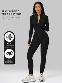 MFVIM 女士长袖连体裤，半拉链设计，紧身性感运动服，高强度瑜伽训练服 - 黑色 - 查看 3