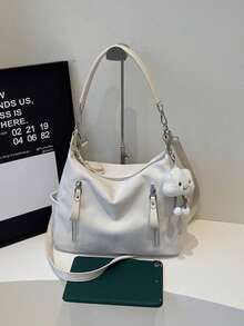 This Stylish And Minimalist Shoulder Bag Is Made Of PU Fabric And Features A Vertical Zipper And Decorative Charm. Its Fashionable And Simple Design Makes It Perfect For College Students, Commuters, Women, And Shopping Occasions. - Beige - View 4