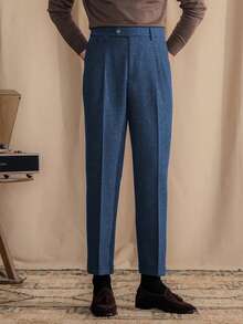 Mens Pants Wool Tweed Herringbone Vintage Dress Pant Trousers Regular Fit Suit Pants For Men - Blue 2 - View 3