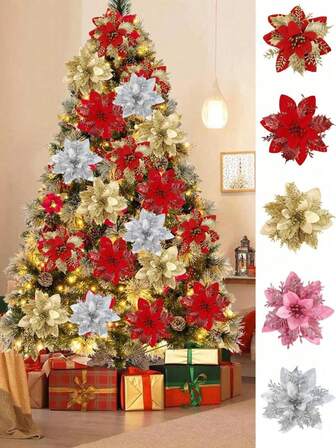 4pcs Red&Golden&Pink Poinsettia Artificial Christmas Glitter Flowers, Christmas Ornaments Xmas Tree Flower Decorations With Stems DIY Xmas Wreath Holiday Home Party Decor, Christmas Decoration For Home 2025 Gift New Year 2026 Home Decor Christmas Decorations Room Decor