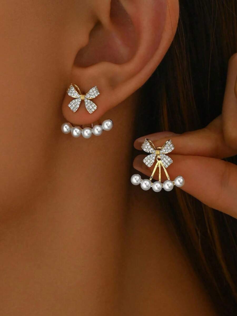 2pcs Classic Bow Zirconia Earrings, Elegant Earrings Suitable For Girls, Wedding Party Accessories, Gift For Girlfriend, Friend, Daughter - Multicolor - View 1
