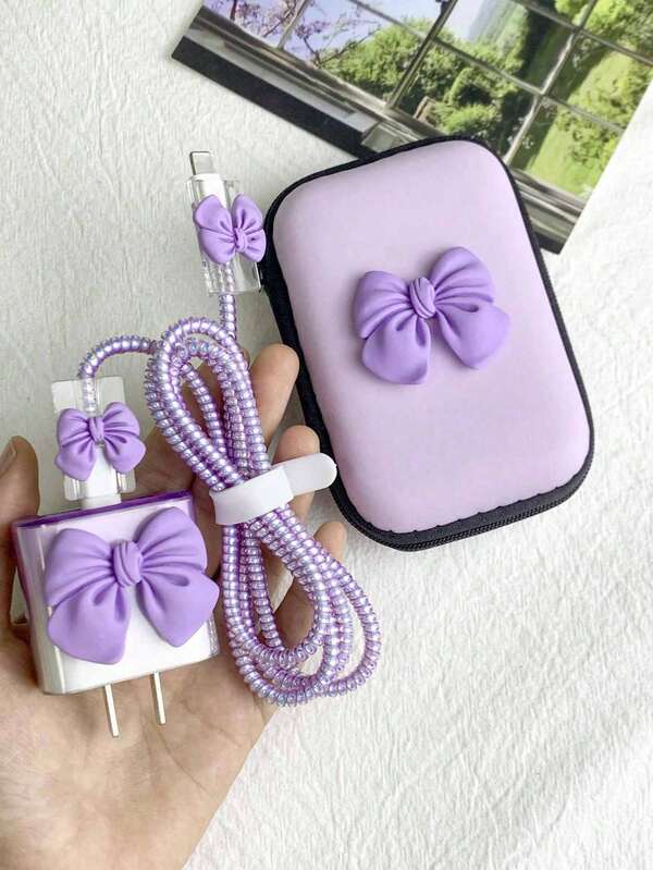 6pcs/Set Bowknot Apple Phone Charger Protector Case, Data Cable Organizer Bag