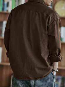 Camisa casual para hombre, unicolor, cómoda, con múltiples bolsillos, estilo retro, adecuada para uso diario, primavera/otoño - Café integral - Ver 4