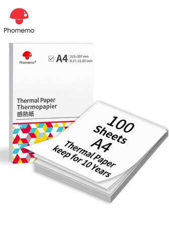  Phomemo 1 Pack A4 Size Thermal Paper For M08/M832/M833/M834/P831- 1 Pack A4 Paper With 100 Sheets Thermal Label Paper Inside, A4 Size, 8.27" X 11.69"/ 210mm X 297mm, Black On White Print Out, Inkless Thermal Paper For Business Use/ Office/ Construction/ Blueprint/ Home