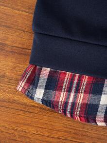 男童经典休闲时尚二合一卫衣，格子拼接Polo领长袖衬衫，适合日常外出、旅行、聚会、户外活动