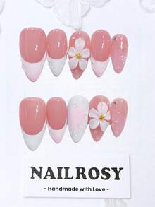 nailrosy 10 Peças Unhas Postiças Prensadas Feitas à Mão, Formato Amendoado Médio, Branco e Rosa, Decoração Floral 3D para Casamento, Kit de Unhas Acrílicas Postiças com Gel Poli, Unhas Falsas para Festa de Casamento, Aniversário, Emo, Gótico, Suprimentos de Unhas Acrílicas Fofas e Elegantes, Arte de Unhas 3D com Gel Esculpido e Flores