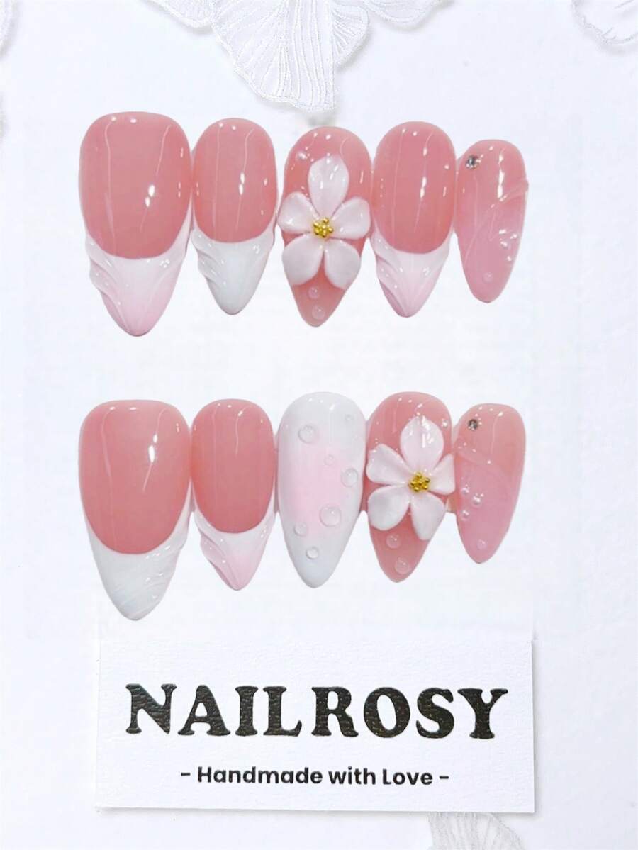 nailrosy 10 Peças Unhas Postiças Prensadas Feitas à Mão, Formato Amendoado Médio, Branco e Rosa, Decoração Floral 3D para Casamento, Kit de Unhas Acrílicas Postiças com Gel Poli, Unhas Falsas para Festa de Casamento, Aniversário, Emo, Gótico, Suprimentos de Unhas Acrílicas Fofas e Elegantes, Arte de Unhas 3D com Gel Esculpido e Flores