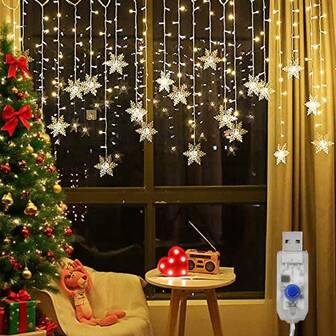 1 件 USB 雪花冰条窗帘灯，16 个悬挂，带 96 个 LED 灯，4 米 -8 种照明模式，塑料结构，USB 电源，无需电池 - 非常适合圣诞节、万圣节、感恩节、情人节、婚礼、新年、家居和花园装饰。圣诞节和新年必备的彩色灯光和暖光雪花冰条窗帘灯串