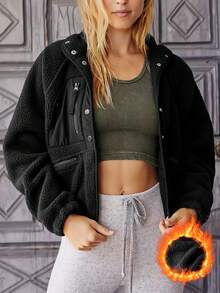 Women's Pellet Fleece Jacket,Soft Fuzzy Long Sleeve Short Winter Coat,Button Down Cozy Plush Outerwear - 黑色 - 查看 1