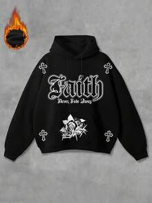 Zrgoth 男士连帽衫，新款秋冬街头风跨文化元素印花抓绒连帽卫衣 - 黑色 - 查看 1