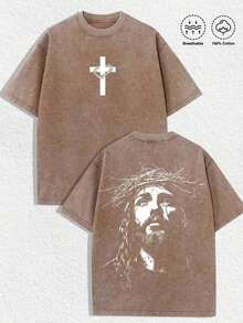 1 PCS Religious "Jesus With Crown Of Thorns" Graphic Tee: Featuring Distressed Vintage Finish, Front Cross Print Adorned With Crown Of Thorns, Back Artistic Portrait Of Jesus Wearing Crown Of Thorns, Crafted From Breathable 100% Cotton, Perfect For Infusing Spiritual & Nostalgic Vibes Into Outfits During Easter Celebrations, Church Events, Or Daily Wear Men's Round Neck Printed Short Sleeve Casual Everyday T-Shirt, They Are Excellent Gifts For Friends And Family, 100% Cotton T-Shirts Feature, A Youthful And Fashionable Design, Graphic Tees Men, Graphic Tees Women, Cachorro Feliz, Back To SchoolNew Casual T-Shirts For Men And Women - 咖啡棕 - 查看 6
