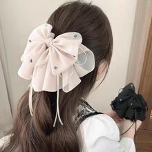 Large Chiffon Silk Hair Bow For Women Mesh Big Bows Hair Clips With Pearls Crystal Tulle Hair Barrettes Long Tail Bowknot Hair Accessories (Crystal White)CrystalWhite - 水晶白 - 查看 3