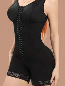 Women's High-Support Tummy Control Bodysuit - Seamless Shaping One-Piece With Front Snap Closure, Waist Cinching & Buttock Lifting, Beige Solid Color, No Padding, Hand Wash Only, Tummy Control Shapewear, Body Shaping Wear, Elegant Design, Smooth Fabric - màu đen - Xem 3