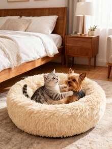 1 chiếc ổ nằm tròn cho thú cưng HUITAIYANG, chất liệu nhung mềm mại, màu trơn, không thể tháo rời, mềm mại và thoải mái, có thể giặt được. Thích hợp cho mèo và chó nhỏ/trung bình, sử dụng hàng ngày và mang theo khi ra ngoài. - Màu be - Xem 4