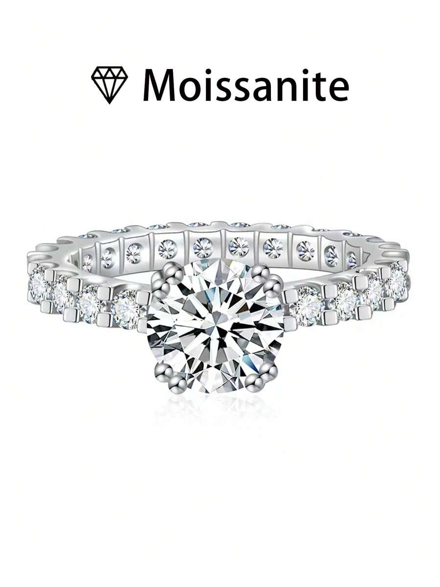 1pc Women's Wedding Ring, Fully Paved Sparkling Ring, 3.3g S925 Sterling Silver, 2 Carat Moissanite, Bohemian Palace Style, Engagement, Wedding, Anniversary, Valentine's Day Gift, Comes With Moissanite Certificate And Elegant Gift Box - Silver - View 1