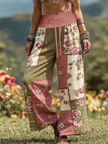 1pc Floral Print Pocket Drawstring Waist Plus Size Elegant Wide Leg Pants, Suitable For Vacation Pink Spring - Pink - View 3