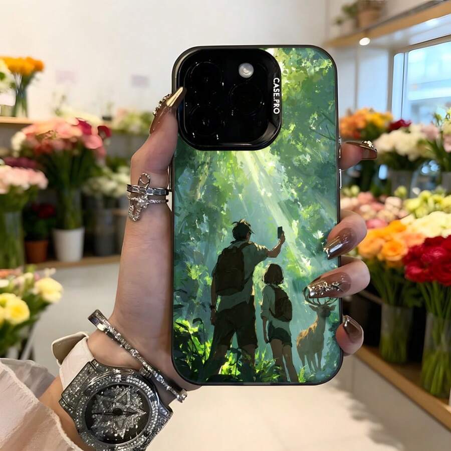 Cubierta de teléfono con diseño de bosque mágico verde siluetas de personas y ciervo para iPhone 14 Pro Max protector de  duro estilo natural para uso diario y viajes Aplicable a los teléfonos de la serie Apple y Galaxy - Blanco - Ver 1