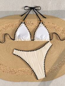 Halter Tie Strap Bikini Set, Sexy Swimsuit Two Pieces, High Elasticity Fabric, European & American Style, Beach Vacation - Champagne - View 2