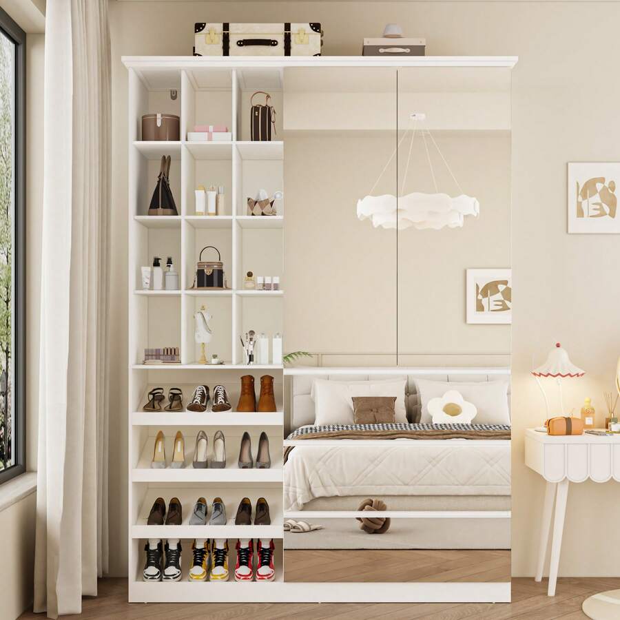 Bvldfamly Wardrobe Closet With All Mirror Doors & Drawers, Modern Wooden Bedroom Armoires With Hanging Rod & Open Shelves, Clothes Storage Cabinet For Bedroom, White - 白色 - 查看 1