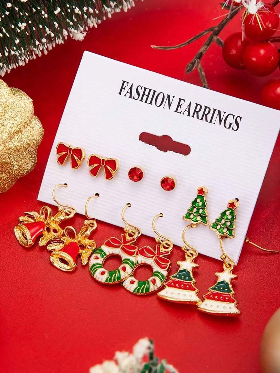 Christmas Tree Earrings Set, Oil-Dripping Snowflake Elk Pendant Stud Earrings, Bow Christmas Cap Earrings Colorful Christmas Tree Earrings, Christmas Party Earrings - Gold - View 1