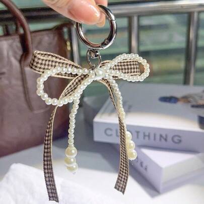 1PC Valentine's Day Korean Style Plaid Brown Ribbon Bow Pearl Keychain Sweet Lace Bag Pendant Style