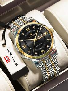 VA VA VOOM 1 Reloj de cuarzo para hombre de 41 mm, clásico y de lujo, con calendario, diamante, esfera en verde, azul, dorado, plateado y negro, caja de acero inoxidable, movimiento de cuarzo semanal, estilo de negocios elegante, reloj de pareja perfecto para hombres - Negro - Ver 7