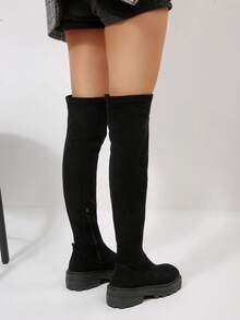 女士新款秋冬过膝长靴，方头厚底增高绒面革长靴，休闲百搭弹力靴，性感女靴 - 黑色 - 查看 6