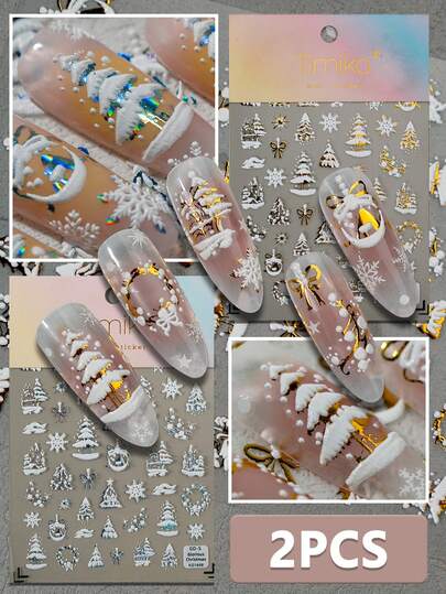 A Christmas Nail Art Sticker With Relief Laser Hot Stamping Technology, Featuring A Colorful Christmas Tree, Branch Rings, And Snowflake Decorations, Suitable For Personal DIY And Nail Salon Use