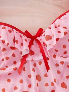 1pc Women's Valentine's Day Nightgown With Heart Print, Lace Trim, Bow Detail And Satin Splice - Synthetic Knit Shirt, Easy Care - Pink - View 5