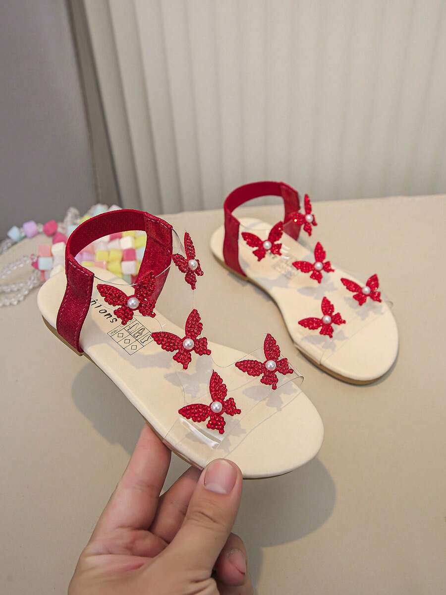 1 Pair Of Fashionable, Shiny Girl Butterfly Decorated Sparkling Rhinestone Transparent Flat Sandals, Fairy Style, Very Suitable For Summer Wear. - Red - View 1