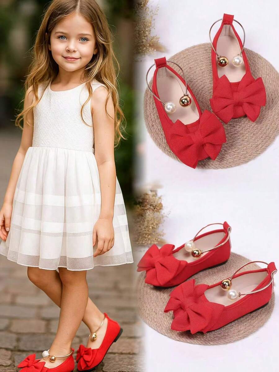 1 Đôi giày lười đế bằng vải mềm trang trí nơ đỏ, họa tiết kim loại ngọc trai lớn hai màu, thiết kế tối giản, đế TPR, mũi tròn, giày bệt thường ngày phù hợp cho học sinh nữ từ 3-12 tuổi, mặc hàng ngày, thường ngày, ngày lễ, đi học, mùa thu/đông mới - Đỏ - Xem 1