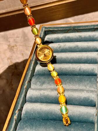 1 st ny guldpläterad cat eye-klocka för dam, flera färger tillgängliga - söt, romantisk, retro, elegant, minimalistisk, bohemisk stil, damkvartsklocka, lämplig för vardagsbruk eller som födelsedags-/högtidspresent