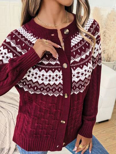 Vintage Jacquard Knit Cardigan, Christmas Pattern Sweater Coat, New Autumn/Winter Knitwear